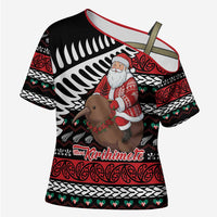 New Zealand Kiwi Santa Christmas Cross Shoulder Shirt He Wairua Kirihimete LT9 Female Black - Polynesian Pride