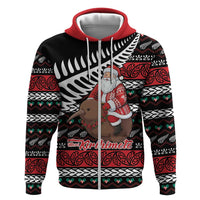 New Zealand Kiwi Santa Christmas Zip Hoodie He Wairua Kirihimete LT9 Zip Hoodie Black - Polynesian Pride