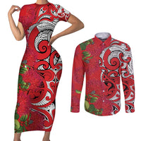 Personalised New Zealand Koru Pohutukawa Couples Matching Short Sleeve Bodycon Dress and Long Sleeve Button Shirt Meri Kirihimete Aroha for Christmas LT9 Red - Polynesian Pride