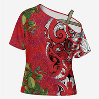 Personalised New Zealand Koru Pohutukawa Cross Shoulder Shirt Meri Kirihimete Aroha for Christmas LT9 Female Red - Polynesian Pride