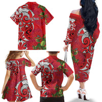 Personalised New Zealand Koru Pohutukawa Family Matching Off The Shoulder Long Sleeve Dress and Hawaiian Shirt Meri Kirihimete Aroha for Christmas - Polynesian Pride
