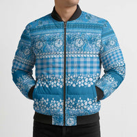 Hawaiian Hibiscus Honu Bomber Puffer Jacket Blue Mele Kalikimaka Palaka Spirit LT9 - Polynesian Pride