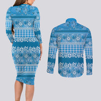 Hawaiian Hibiscus Honu Couples Matching Long Sleeve Bodycon Dress and Long Sleeve Button Shirt Blue Mele Kalikimaka Palaka Spirit - Polynesian Pride