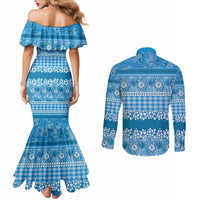 Hawaiian Hibiscus Honu Couples Matching Mermaid Dress and Long Sleeve Button Shirt Blue Mele Kalikimaka Palaka Spirit - Polynesian Pride