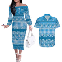 Hawaiian Hibiscus Honu Couples Matching Off The Shoulder Long Sleeve Dress and Hawaiian Shirt Blue Mele Kalikimaka Palaka Spirit - Polynesian Pride