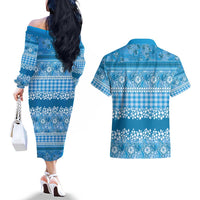 Hawaiian Hibiscus Honu Couples Matching Off The Shoulder Long Sleeve Dress and Hawaiian Shirt Blue Mele Kalikimaka Palaka Spirit LT9 - Polynesian Pride