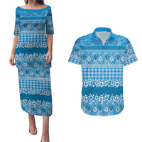 Hawaiian Hibiscus Honu Couples Matching Puletasi and Hawaiian Shirt Blue Mele Kalikimaka Palaka Spirit LT9 Blue - Polynesian Pride