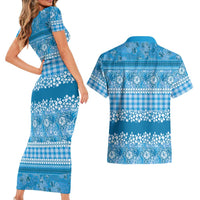 Hawaiian Hibiscus Honu Couples Matching Short Sleeve Bodycon Dress and Hawaiian Shirt Blue Mele Kalikimaka Palaka Spirit LT9 - Polynesian Pride