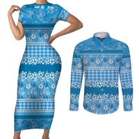 Hawaiian Hibiscus Honu Couples Matching Short Sleeve Bodycon Dress and Long Sleeve Button Shirt Blue Mele Kalikimaka Palaka Spirit - Polynesian Pride
