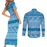 Hawaiian Hibiscus Honu Couples Matching Short Sleeve Bodycon Dress and Long Sleeve Button Shirt Blue Mele Kalikimaka Palaka Spirit LT9 - Polynesian Pride