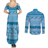 Hawaiian Hibiscus Honu Couples Matching Summer Maxi Dress and Long Sleeve Button Shirt Blue Mele Kalikimaka Palaka Spirit LT9 - Polynesian Pride