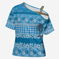 Hawaiian Hibiscus Honu Cross Shoulder Shirt Blue Mele Kalikimaka Palaka Spirit - Polynesian Pride