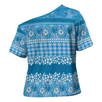 Hawaiian Hibiscus Honu Cross Shoulder Shirt Blue Mele Kalikimaka Palaka Spirit - Polynesian Pride