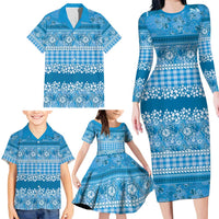 Hawaiian Hibiscus Honu Family Matching Long Sleeve Bodycon Dress and Hawaiian Shirt Blue Mele Kalikimaka Palaka Spirit - Polynesian Pride