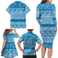 Hawaiian Hibiscus Honu Family Matching Long Sleeve Bodycon Dress and Hawaiian Shirt Blue Mele Kalikimaka Palaka Spirit LT9 - Polynesian Pride