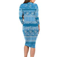 Hawaiian Hibiscus Honu Family Matching Long Sleeve Bodycon Dress and Hawaiian Shirt Blue Mele Kalikimaka Palaka Spirit LT9 - Polynesian Pride