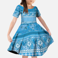 Hawaiian Hibiscus Honu Family Matching Off The Shoulder Long Sleeve Dress and Hawaiian Shirt Blue Mele Kalikimaka Palaka Spirit LT9 Daughter's Dress Blue - Polynesian Pride