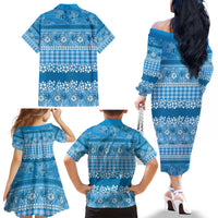 Hawaiian Hibiscus Honu Family Matching Off The Shoulder Long Sleeve Dress and Hawaiian Shirt Blue Mele Kalikimaka Palaka Spirit LT9 - Polynesian Pride