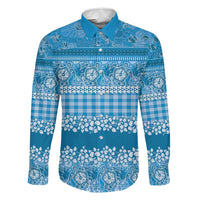 Hawaiian Hibiscus Honu Family Matching Off The Shoulder Long Sleeve Dress and Hawaiian Shirt Blue Mele Kalikimaka Palaka Spirit LT9 Dad's Shirt - Long Sleeve Blue - Polynesian Pride