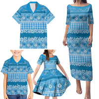 Hawaiian Hibiscus Honu Family Matching Puletasi and Hawaiian Shirt Blue Mele Kalikimaka Palaka Spirit LT9 - Polynesian Pride
