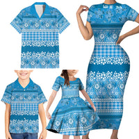 Hawaiian Hibiscus Honu Family Matching Short Sleeve Bodycon Dress and Hawaiian Shirt Blue Mele Kalikimaka Palaka Spirit LT9 - Polynesian Pride