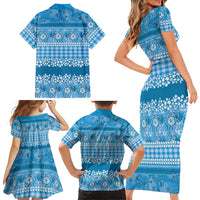 Hawaiian Hibiscus Honu Family Matching Short Sleeve Bodycon Dress and Hawaiian Shirt Blue Mele Kalikimaka Palaka Spirit LT9 - Polynesian Pride
