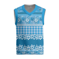 Hawaiian Hibiscus Honu Christmas Knitted V-Neck Vest Blue Mele Kalikimaka Palaka Spirit - Polynesian Pride