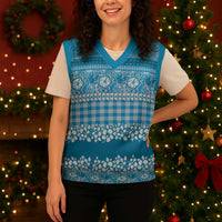 Hawaiian Hibiscus Honu Christmas Knitted V-Neck Vest Blue Mele Kalikimaka Palaka Spirit - Polynesian Pride