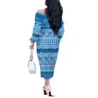 Hawaiian Hibiscus Honu Off The Shoulder Long Sleeve Dress Blue Mele Kalikimaka Palaka Spirit - Polynesian Pride