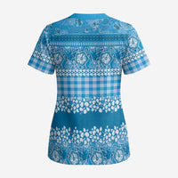 Hawaiian Hibiscus Honu Scrub Top Blue Mele Kalikimaka Palaka Spirit - Polynesian Pride