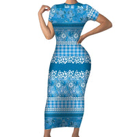 Hawaiian Hibiscus Honu Short Sleeve Bodycon Dress Blue Mele Kalikimaka Palaka Spirit - Polynesian Pride