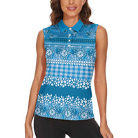 Hawaiian Hibiscus Honu Women Sleeveless Polo Shirt Blue Mele Kalikimaka Palaka Spirit - Polynesian Pride