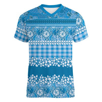 Hawaiian Hibiscus Honu Women V-Neck T-Shirt Blue Mele Kalikimaka Palaka Spirit LT9 Female Blue - Polynesian Pride