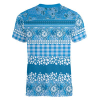 Hawaiian Hibiscus Honu Women V-Neck T-Shirt Blue Mele Kalikimaka Palaka Spirit LT9 - Polynesian Pride