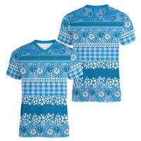 Hawaiian Hibiscus Honu Women V-Neck T-Shirt Blue Mele Kalikimaka Palaka Spirit LT9 - Polynesian Pride