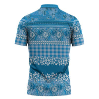 Hawaiian Hibiscus Honu Zipper Polo Shirt Blue Mele Kalikimaka Palaka Spirit - Polynesian Pride