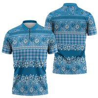 Hawaiian Hibiscus Honu Zipper Polo Shirt Blue Mele Kalikimaka Palaka Spirit - Polynesian Pride