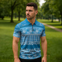 Hawaiian Hibiscus Honu Zipper Polo Shirt Blue Mele Kalikimaka Palaka Spirit - Polynesian Pride