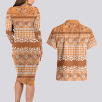 Hawaiian Hibiscus Honu Couples Matching Long Sleeve Bodycon Dress and Hawaiian Shirt Gold Mele Kalikimaka Palaka Spirit LT9 - Polynesian Pride