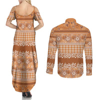 Hawaiian Hibiscus Honu Couples Matching Summer Maxi Dress and Long Sleeve Button Shirt Gold Mele Kalikimaka Palaka Spirit LT9 - Polynesian Pride