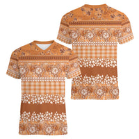 Hawaiian Hibiscus Honu Women V-Neck T-Shirt Gold Mele Kalikimaka Palaka Spirit LT9 - Polynesian Pride