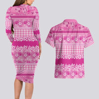 Hawaiian Hibiscus Honu Couples Matching Long Sleeve Bodycon Dress and Hawaiian Shirt Pink Mele Kalikimaka Palaka Spirit LT9 - Polynesian Pride