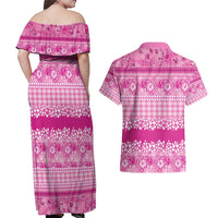 Hawaiian Hibiscus Honu Couples Matching Off Shoulder Maxi Dress and Hawaiian Shirt Pink Mele Kalikimaka Palaka Spirit - Polynesian Pride