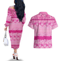 Hawaiian Hibiscus Honu Couples Matching Off The Shoulder Long Sleeve Dress and Hawaiian Shirt Pink Mele Kalikimaka Palaka Spirit - Polynesian Pride