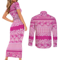 Hawaiian Hibiscus Honu Couples Matching Short Sleeve Bodycon Dress and Long Sleeve Button Shirt Pink Mele Kalikimaka Palaka Spirit LT9 - Polynesian Pride