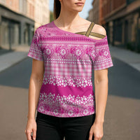 Hawaiian Hibiscus Honu Cross Shoulder Shirt Pink Mele Kalikimaka Palaka Spirit - Polynesian Pride