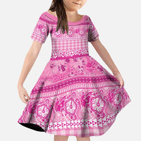Hawaiian Hibiscus Honu Family Matching Off Shoulder Short Dress and Hawaiian Shirt Pink Mele Kalikimaka Palaka Spirit LT9 Daughter's Dress Pink - Polynesian Pride