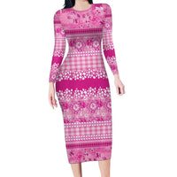 Hawaiian Hibiscus Honu Long Sleeve Bodycon Dress Pink Mele Kalikimaka Palaka Spirit - Polynesian Pride