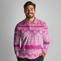 Hawaiian Hibiscus Honu Long Sleeve Polo Shirt Pink Mele Kalikimaka Palaka Spirit - Polynesian Pride