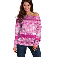 Hawaiian Hibiscus Honu Off Shoulder Sweater Pink Mele Kalikimaka Palaka Spirit - Polynesian Pride